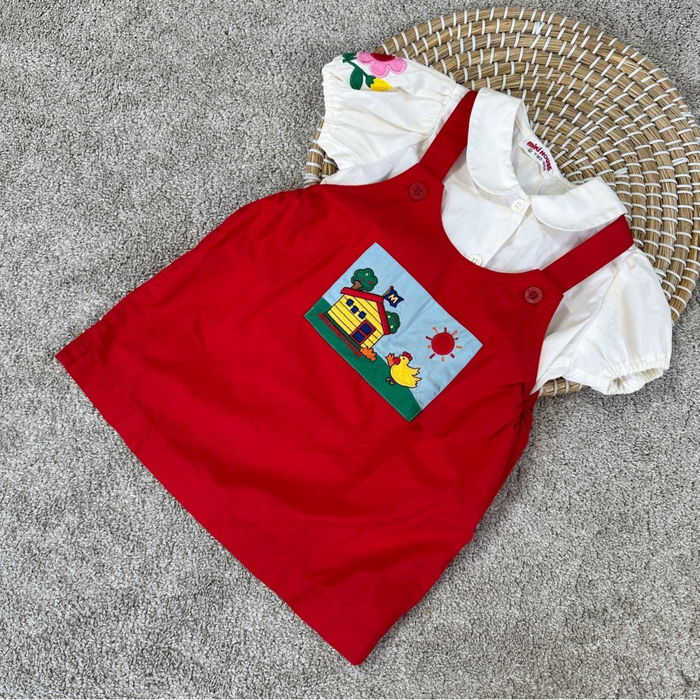 Miki House Village Girls T90-B52 Made in Japan Set Overalls Dress Red and Top L